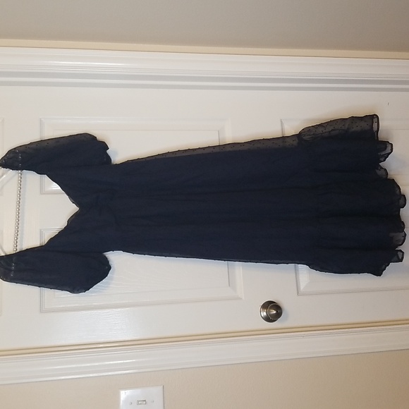 Lulus Always Delight Navy Blue Swiss Dot Puff Sleeve Open Tie Back Midi Dress - Picture 3 of 14